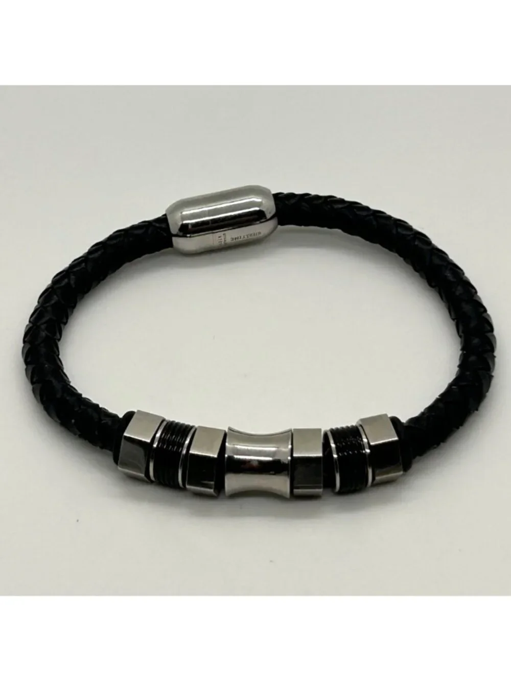 Men's Black Braided Leather Bracelet With Stainless Steel Magnetic Clasp Size 7